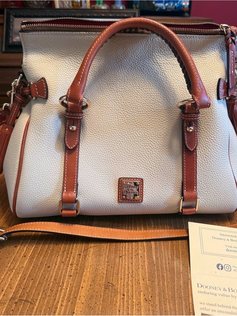 Dooney & Bourke Cream Pebbled Leather Satchel with Tan Trim